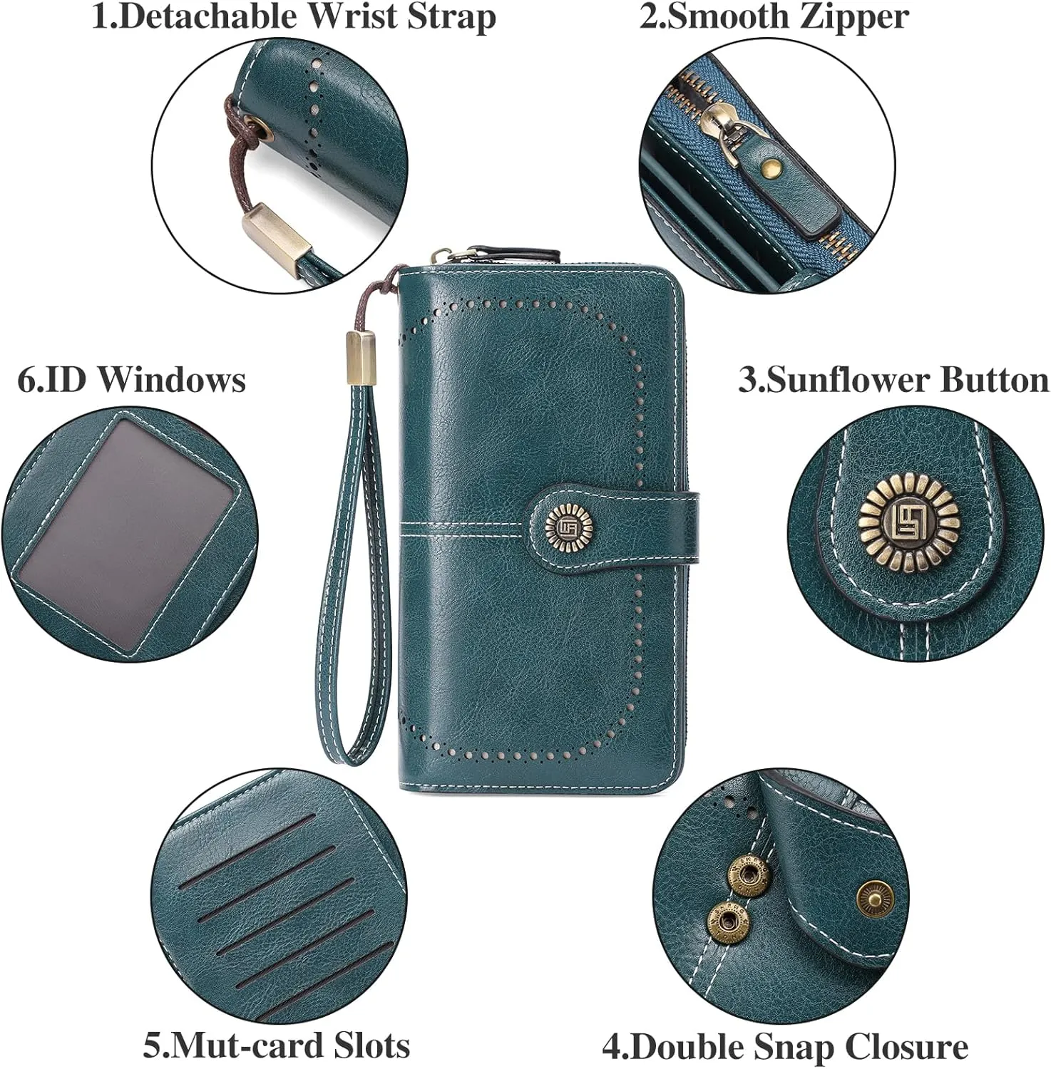 Women's Wallet Large Capacity Leather RFID Blocking Trifold Ladies Cluth Wristlet Wrist strap Long Purse Credit Card Holder